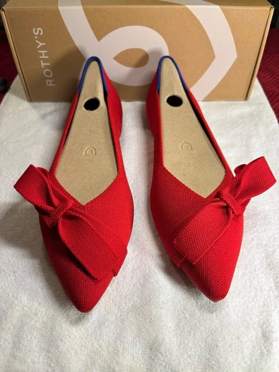 Rothy's Red Pointed Bow Knit Flats Cupid -WIDE- - Picture 1 of 5